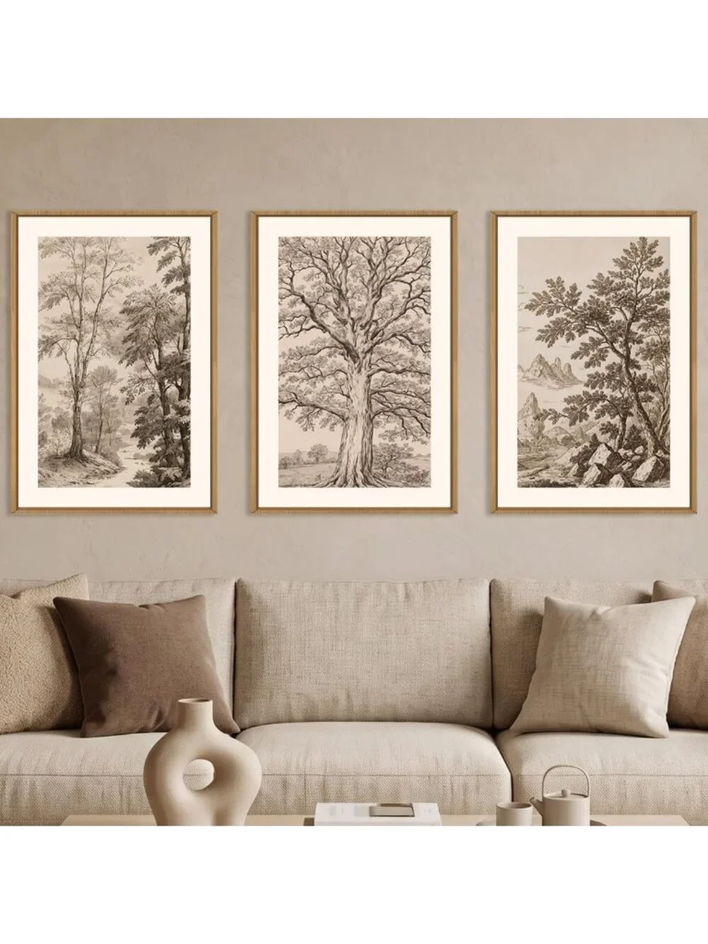 Vintage Tree Sketch Framed Canvas Wall Art Set - 3 Piece Home Decor, 16